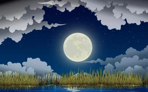 Landscape of river in the full moon night Stock Illustration