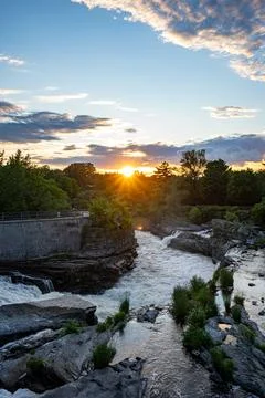 Landscape with river rapids at sunset in Hog's Back Park Stock Photos