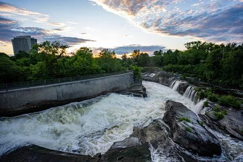 Landscape with river rapids at sunset in Hog's Back Park Stock Photos