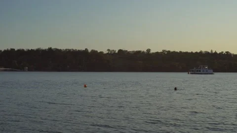 Landscape river sky evening sunset boat buoys Stock Footage 139321375