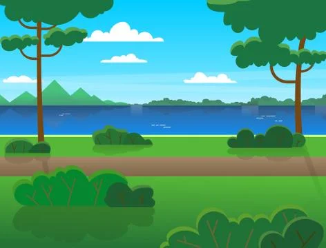 Landscape with a river, trees, mountains, a forest across the river. Summer o Stock Illustration