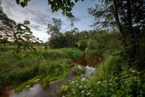Landscape river valley fields meadows forest clear evening sunset Foto stock