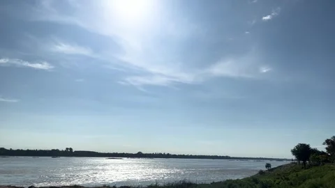 Landscape Of Riverside Mekong River And Land, Sunny Day Stock Footage 273658814