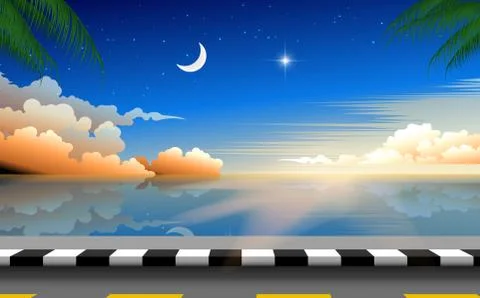 Landscape of road on the beach in sunset Stock Illustration