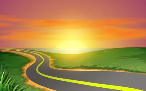 Landscape of road on the beach in sunset Stock Illustration