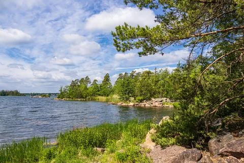 Landscape with rocks and trees near Figeholm in Sweden Stock Photos