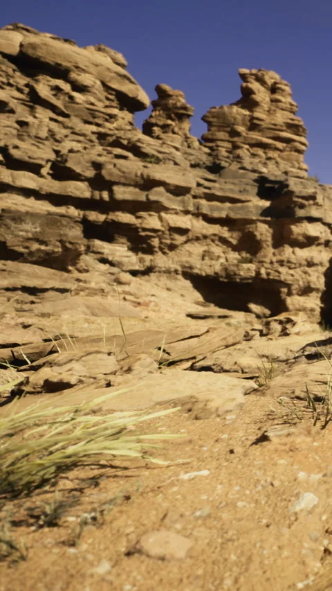 Landscape with rocky formations and dry grass in a desert setting Stock Footage 331752041