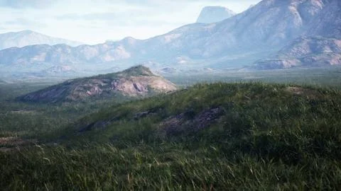 Landscape with rolling green fields and majestic mountains in the distance Stock Illustration