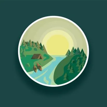 Landscape round vector illustration river and green forest against sun イラスト素材