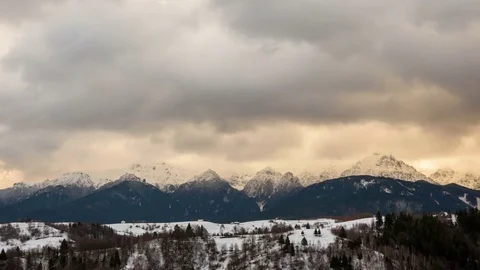 Landscape of the Rucar-Bran Corridor in winter at sunset. Transylvania, Romania. Stock Footage 79200566