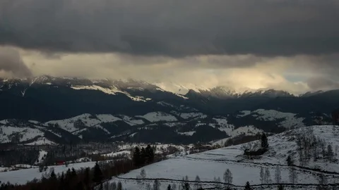Landscape of the Rucar-Bran Corridor in winter at sunset. Transylvania, Romania. Stock Footage 79200619