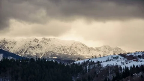 Landscape of the Rucar-Bran Corridor in winter at sunset. Transylvania, Romania. Stock Footage 79200631
