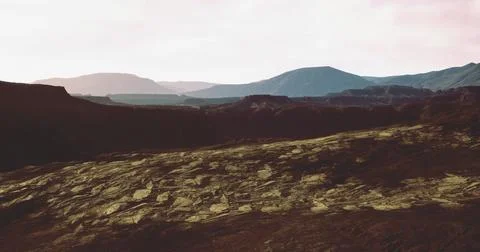 Landscape of rugged terrain during sunset with distant mountains Stock Illustration