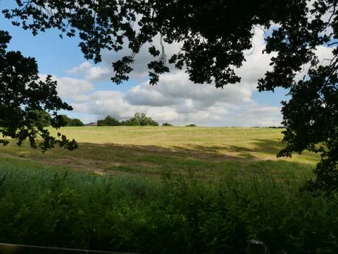 Landscape Scene Fields Through Some Trees And Woodland Cloudy Blue Sky Stock Photos