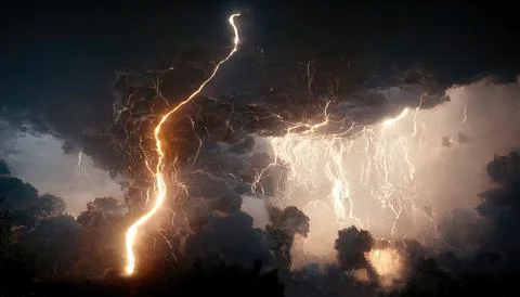Landscape scene of a lightning storm in the sky Illustrazione stock