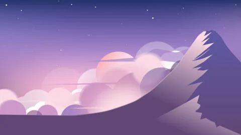 Landscape scene, mountain peak with cloud at night, purple tone Stock Illustration