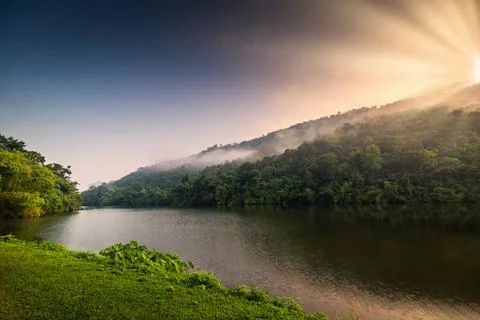 Landscape Scenery View of Mountain Range Against Blue Sky Background Stock Photos