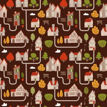Landscape seamless pattern for the countryside, with stone houses and roads, top Stock Illustration
