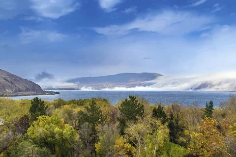 Landscape with Sevan lake from Sevanavank monastery, Armenia, Asia 스톡 사진