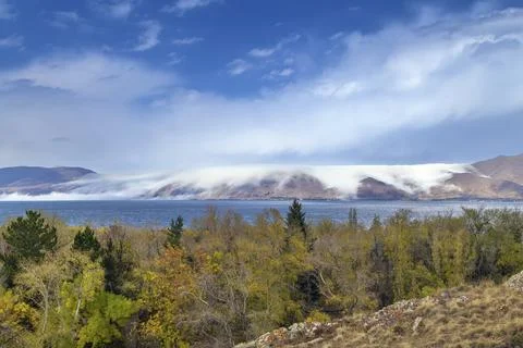 Landscape with Sevan lake from Sevanavank monastery, Armenia, Asia 스톡 사진