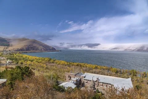 Landscape with Sevan lake from Sevanavank monastery, Armenia, Asia Stock Photos