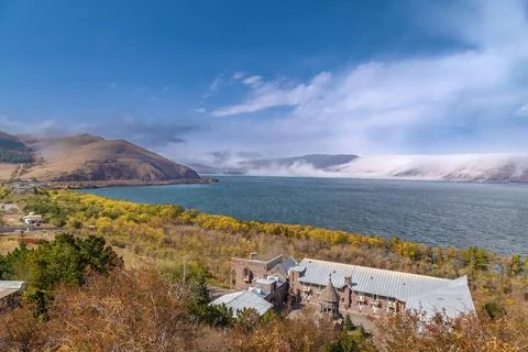 Landscape from Sevanavank monastery, Armenia Landscape with Sevan lake fro... Stock Photos