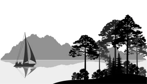 Landscape with Ship on Lake Stock Illustration