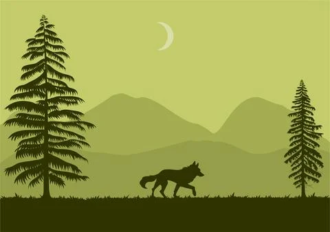 Landscape with silhouette wolf Stock Illustration