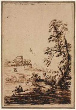 Landscape with Small Group of Buildings, second half 1700s. Imitator of Gue.. Ilustración de archivo