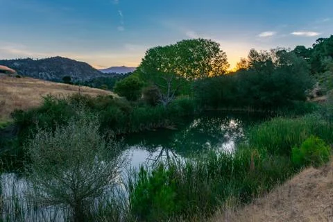 Landscape with a small lagoon lined with trees with a background of mountains Stock Photos