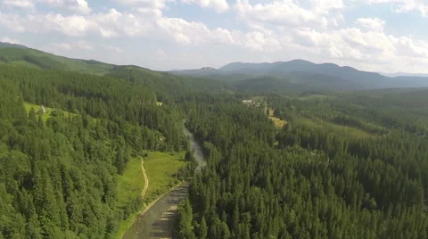 Landscape of   small mountain district with river . Aerial  Stock Footage 43074461