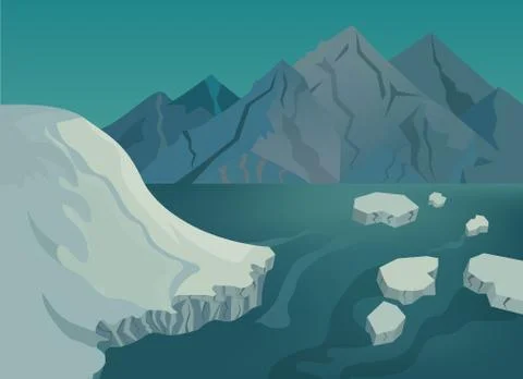 Landscape with snow-capped mountains, blue lake and ice floes Stock Illustration