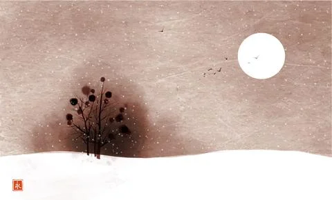 Landscape with snowfall and tree in snow covered field on vintage rice paper Illustrazione stock