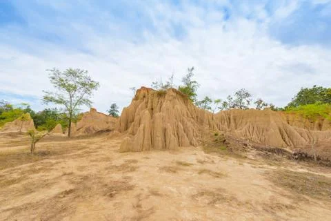 Landscape of soil textures eroded sandstone pillars, columns and cliffs, "Sao Fotos de archivo