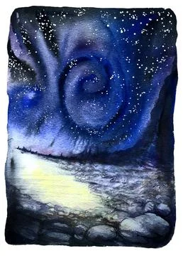 Landscape with a starry sky against the backdrop of mountains. Watercolor. Stock Illustration