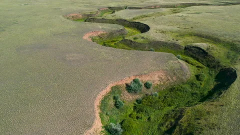 Landscape of steppe with dead dry river riverbed. Effect from global warming Stock Footage 219946260