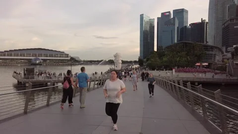 Landscape street slowmotion view while walking at marina bay area to merlio.. Stock Footage 311057633