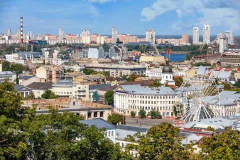 The landscape of summer Kyiv with a view of the old district of Podil with a  Stock Photos