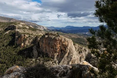 Landscape with the summit of Pic de les Aguiles and the Cocentaina valley Stockfoto's