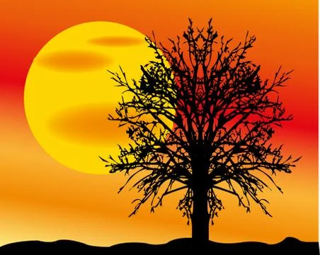 Landscape with sun and tree Stock Illustration
