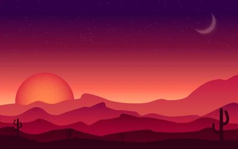 Landscape Sunset on a background of a mountain landscape with desert and cact Stock Illustration