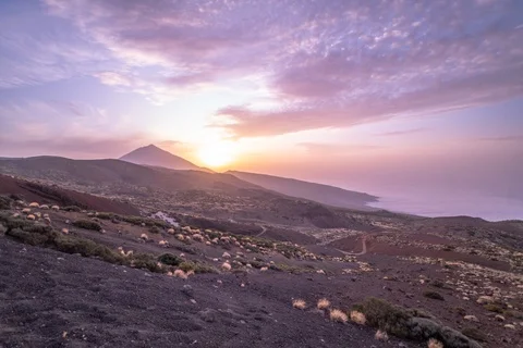 Landscape with sunset behind the El Teide volcano, timelapse, Tenerife Stock Footage 119475964