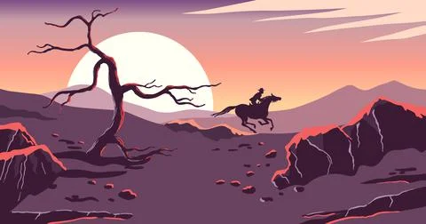 Landscape, sunset or sunrise background. Wild nature, mountain, big sun Stock Illustration