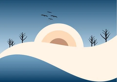 Landscape with sunset over the desert with  trees Bird blue sky background Stock Illustration