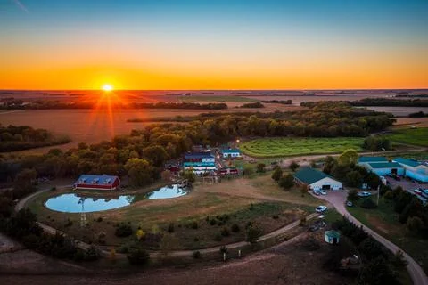 Landscape sunset over pumpkin patch in Kansas farmland Stock Photos