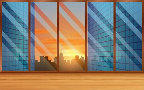 Landscape of sunset at windows on the high building in city Ilustración de archivo