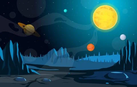 Landscape Surface of Planet Sky Space Science Fiction Fantasy Illustration 스톡 일러스트
