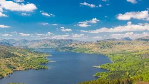 Landscape Time Lapse, View From Ben A'an Hill, Highlands, Scotland - Tilt Down Video stock 93262474
