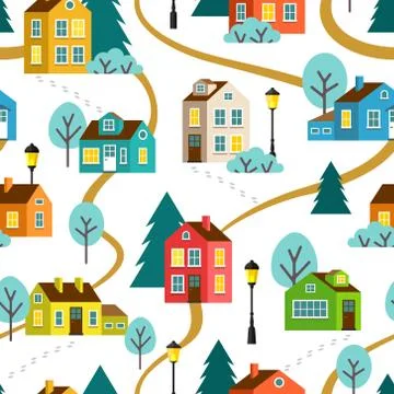 Landscape of town vector seamless pattern Stock Illustration