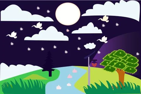 Landscape with tree and moon Stock Illustration